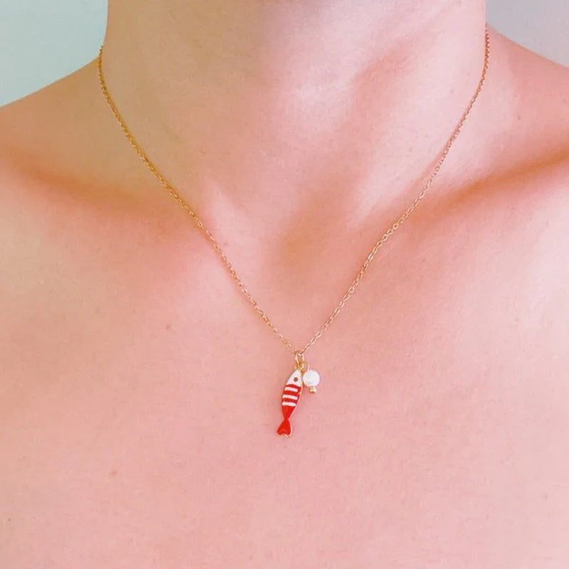 Striped Fish & Pearl Necklace – Nautical, Cute Sty